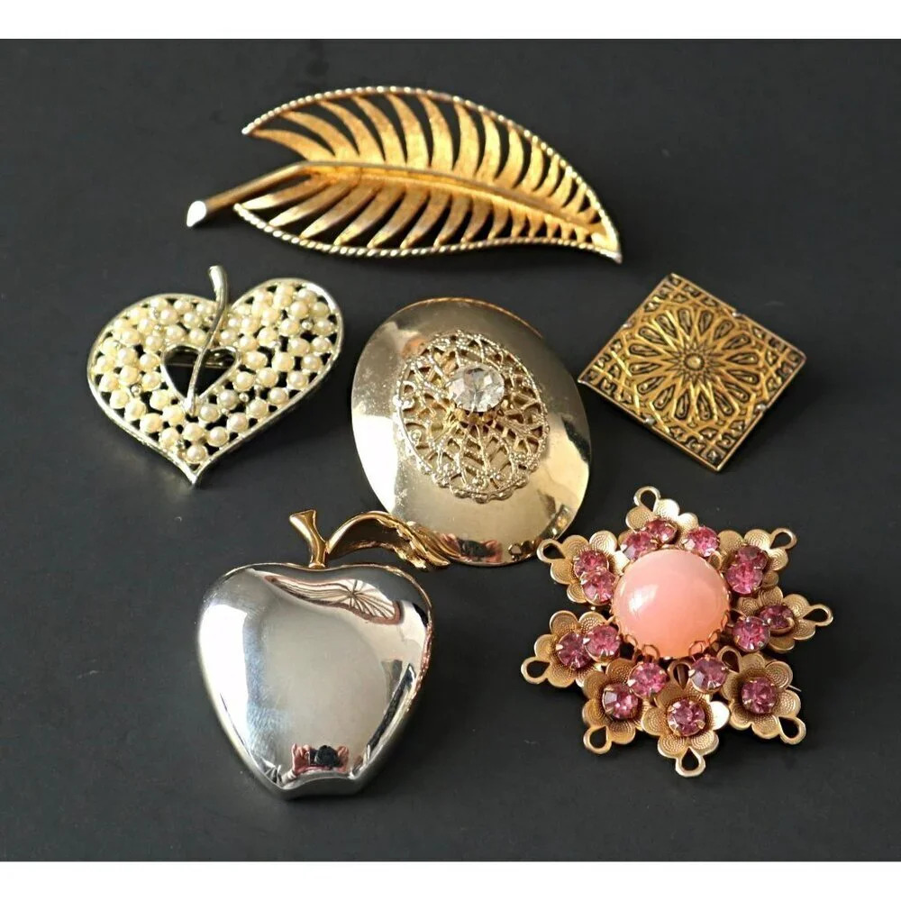 Mid-Century Modern Gold  & Silver Tone Brooches Set Of 6 W/ Pearl & Rhinestone